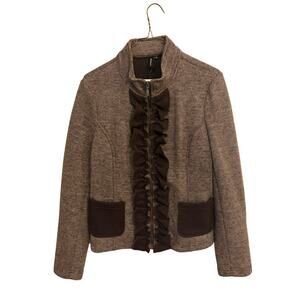 Ambition Women's Brown Striped Jacket w Ruffle Front Open Pockets XL Chic Zip